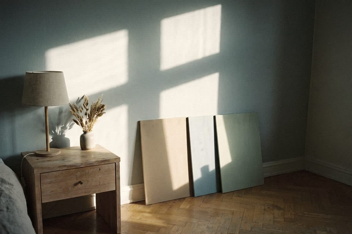 Sample boards in beige, muted blue and sage leaning on a pale blue-grey bedroom wall beside a wooden nightstand