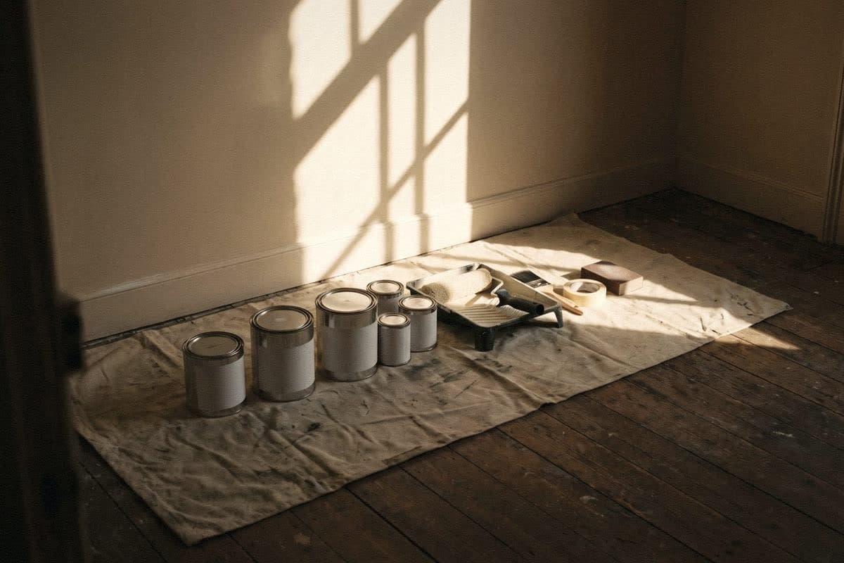 Paint tins in several sizes, a roller tray, masking tape and a sanding block lined up on a dust sheet by a cream wall