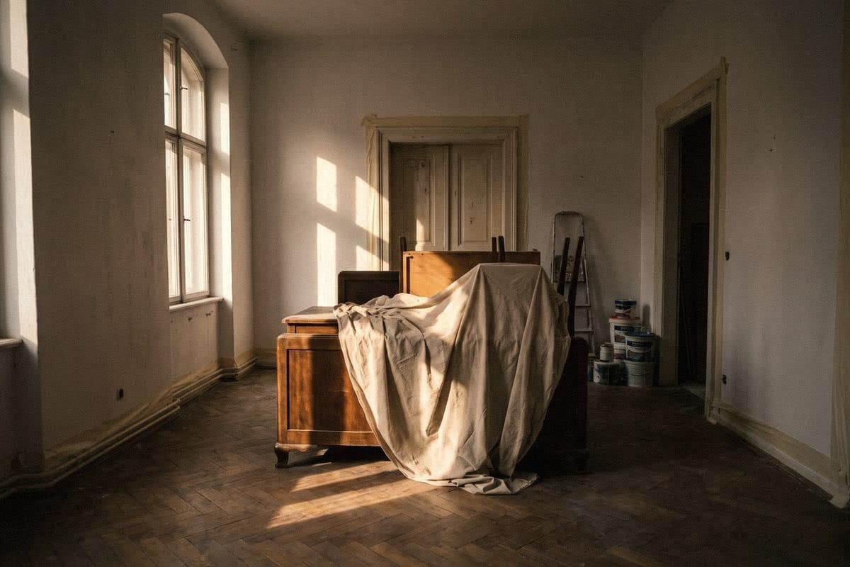 Wooden furniture gathered in the middle of a white-walled room under a dust sheet, a ladder and paint tins by the door
