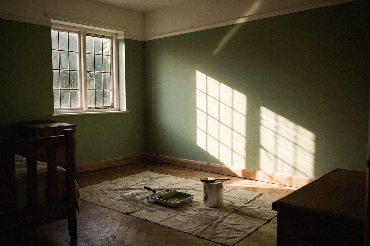 A bedroom freshly painted sage green with a white ceiling, a roller tray and paint tin on a dust sheet over herringbone