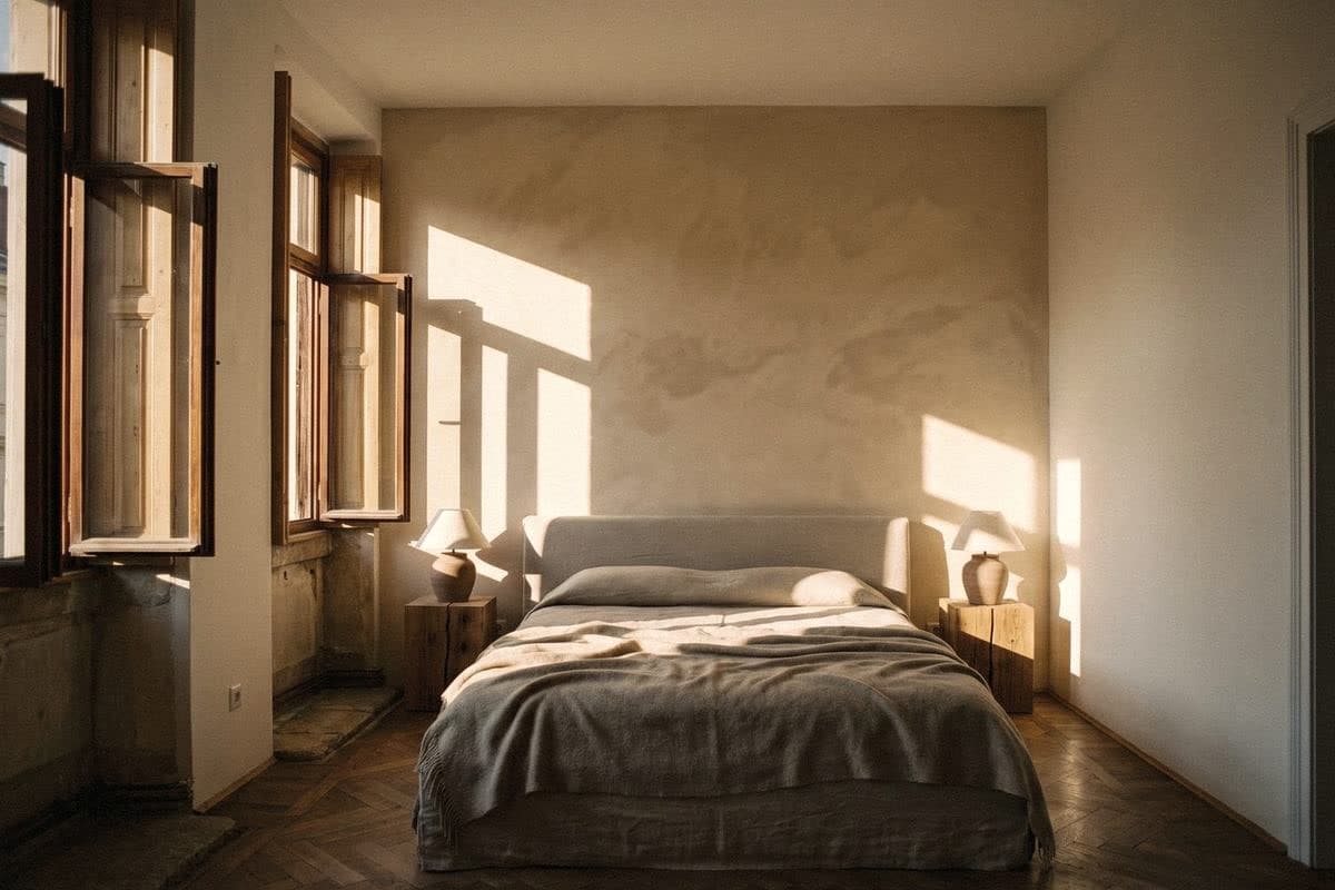 A bedroom with a beige limewash-style headboard wall, a grey linen bed and timber windows open to evening sun