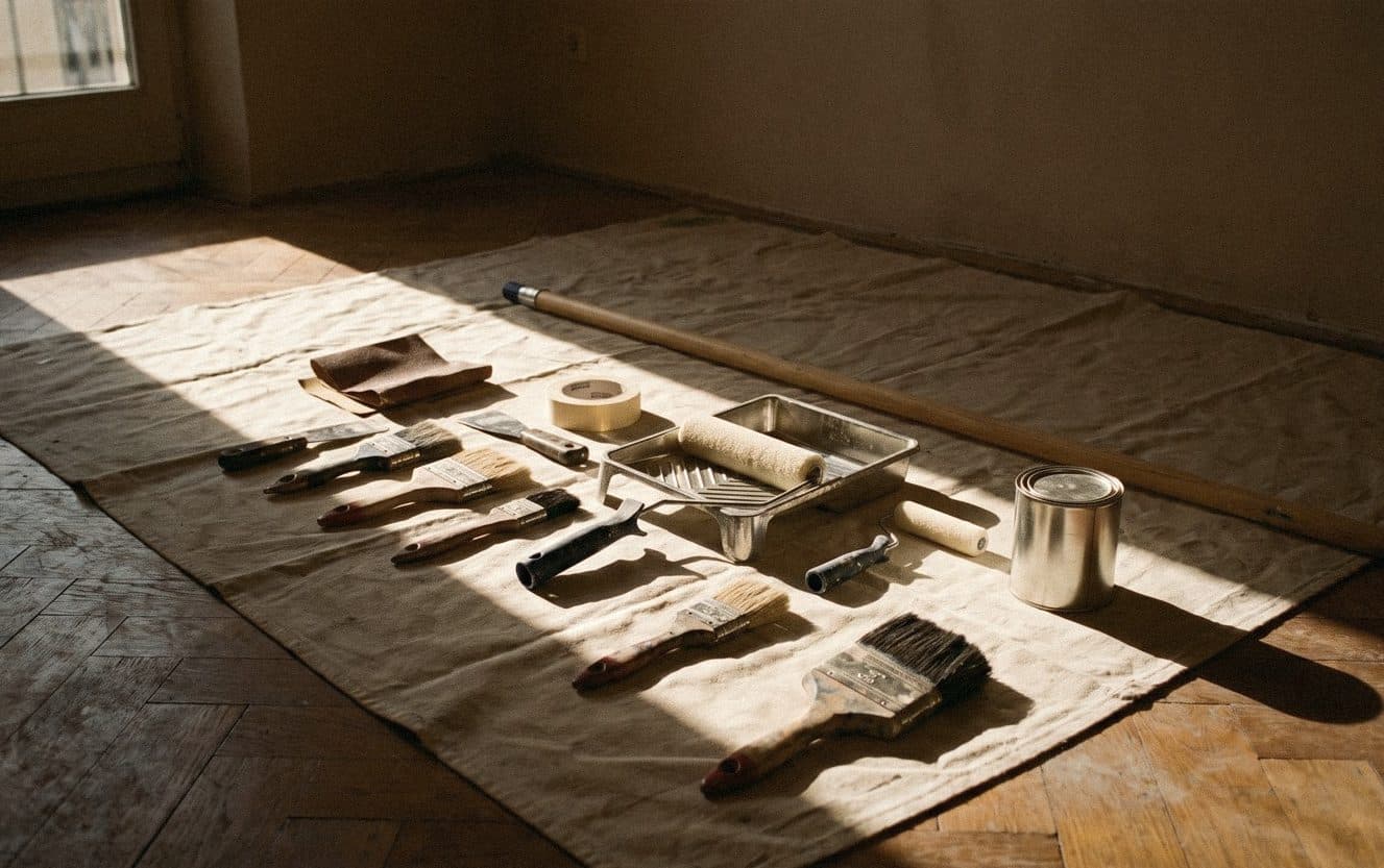 Brushes, a roller and tray, tape, an extension pole and a paint tin laid out on a drop cloth in a sunlit room
