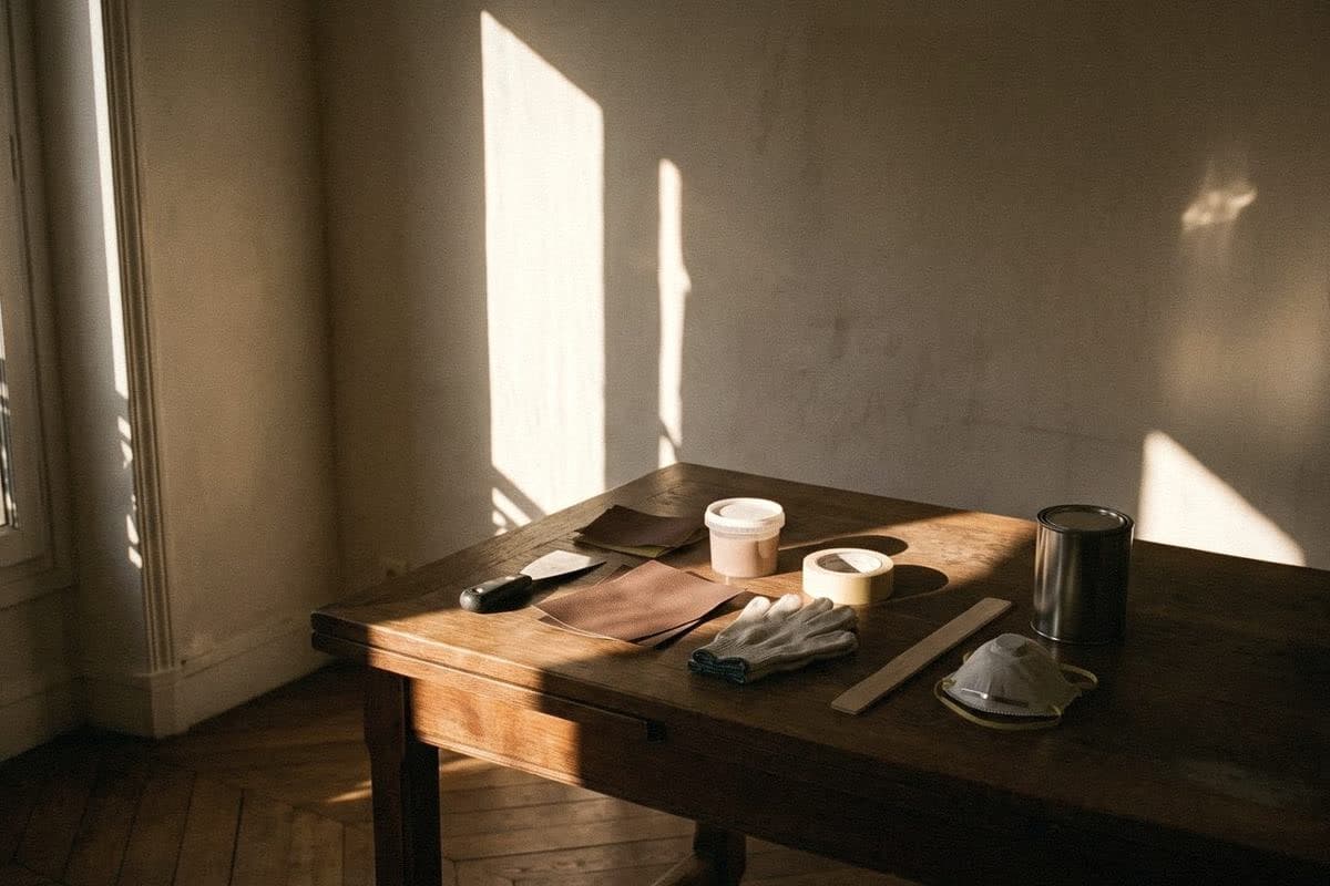 A scraper, sandpaper, filler, tape, gloves, a mask and a paint tin on a wooden table by a sunlit wall