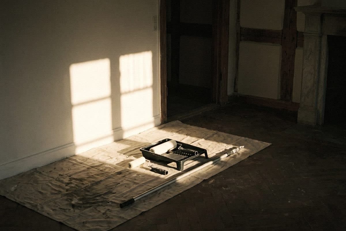 A roller in its tray and an extension pole on a drop cloth, window light falling across a bare wall