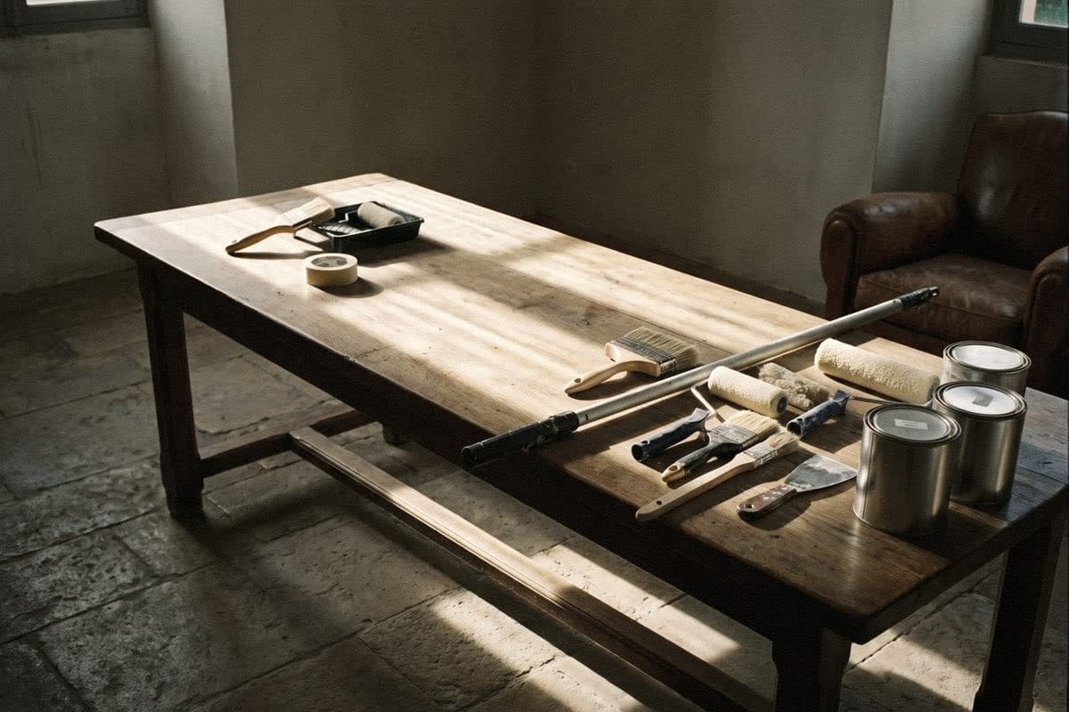 Brushes, rollers, an extension pole, a scraper, tape and paint tins spread along a long wooden table