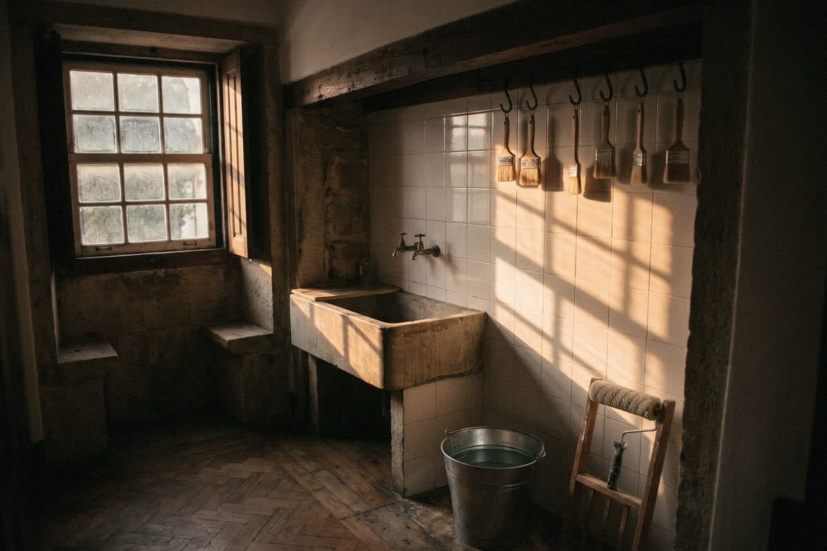 Clean brushes hanging bristles down above a stone utility sink, with a bucket of water below