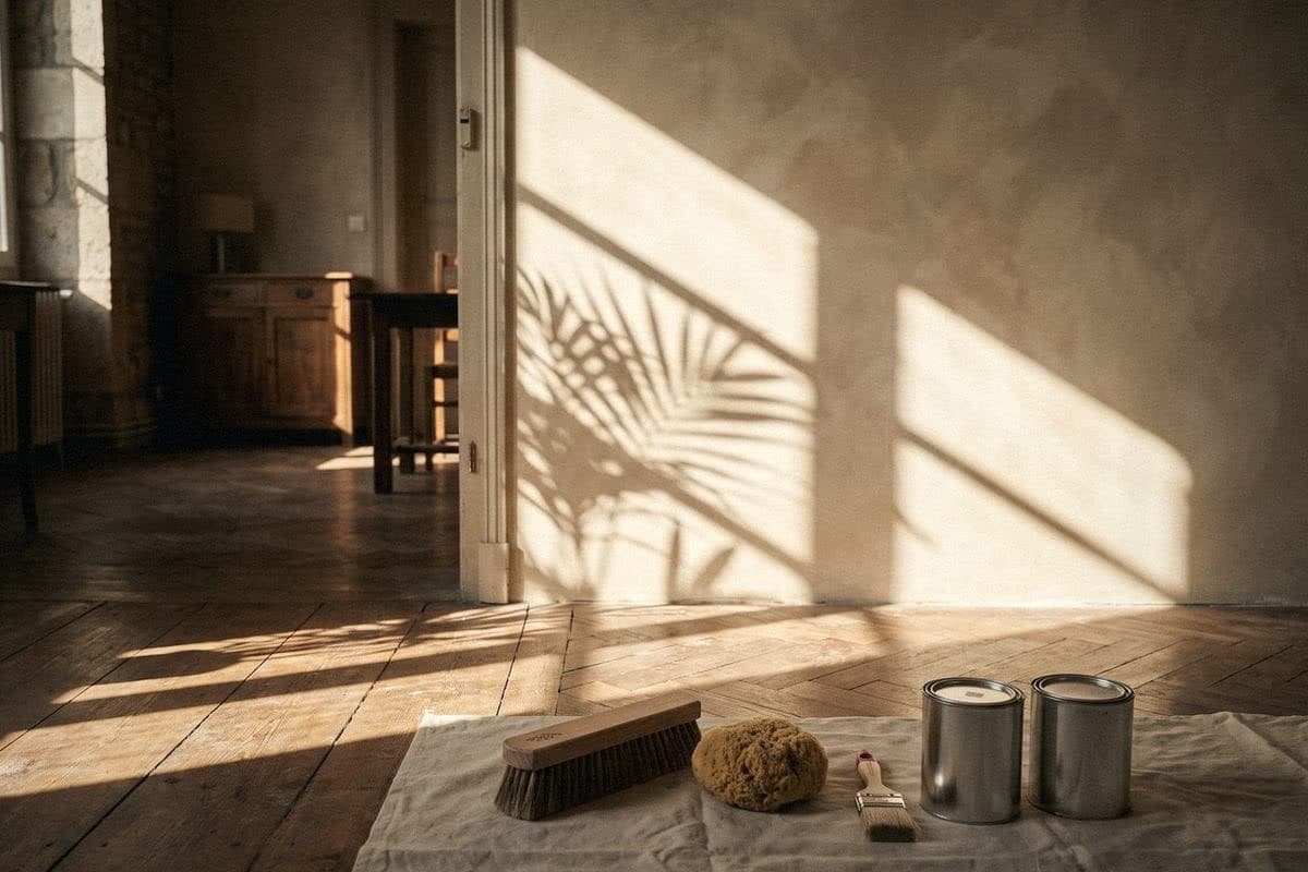 A block brush, a sponge and two tins on a drop cloth before a warm beige wall with soft brush texture