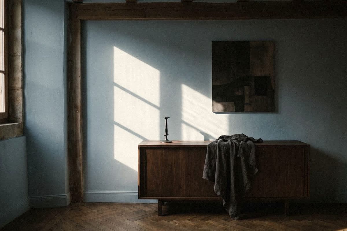 A muted pale blue wall with a dark wood sideboard, charcoal linen, a black candlestick and a brown artwork