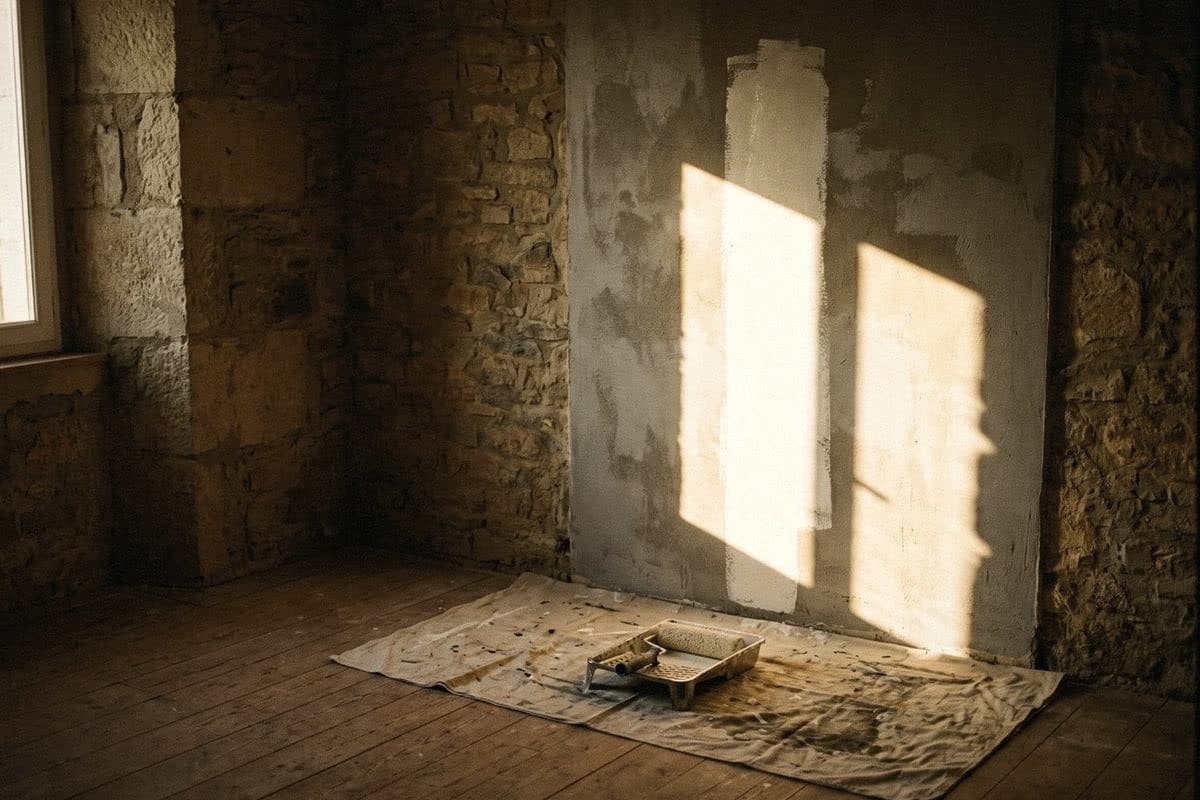 A bare plaster panel in a stone wall with a test strip of white primer rolled on, a paint tray on a dust sheet