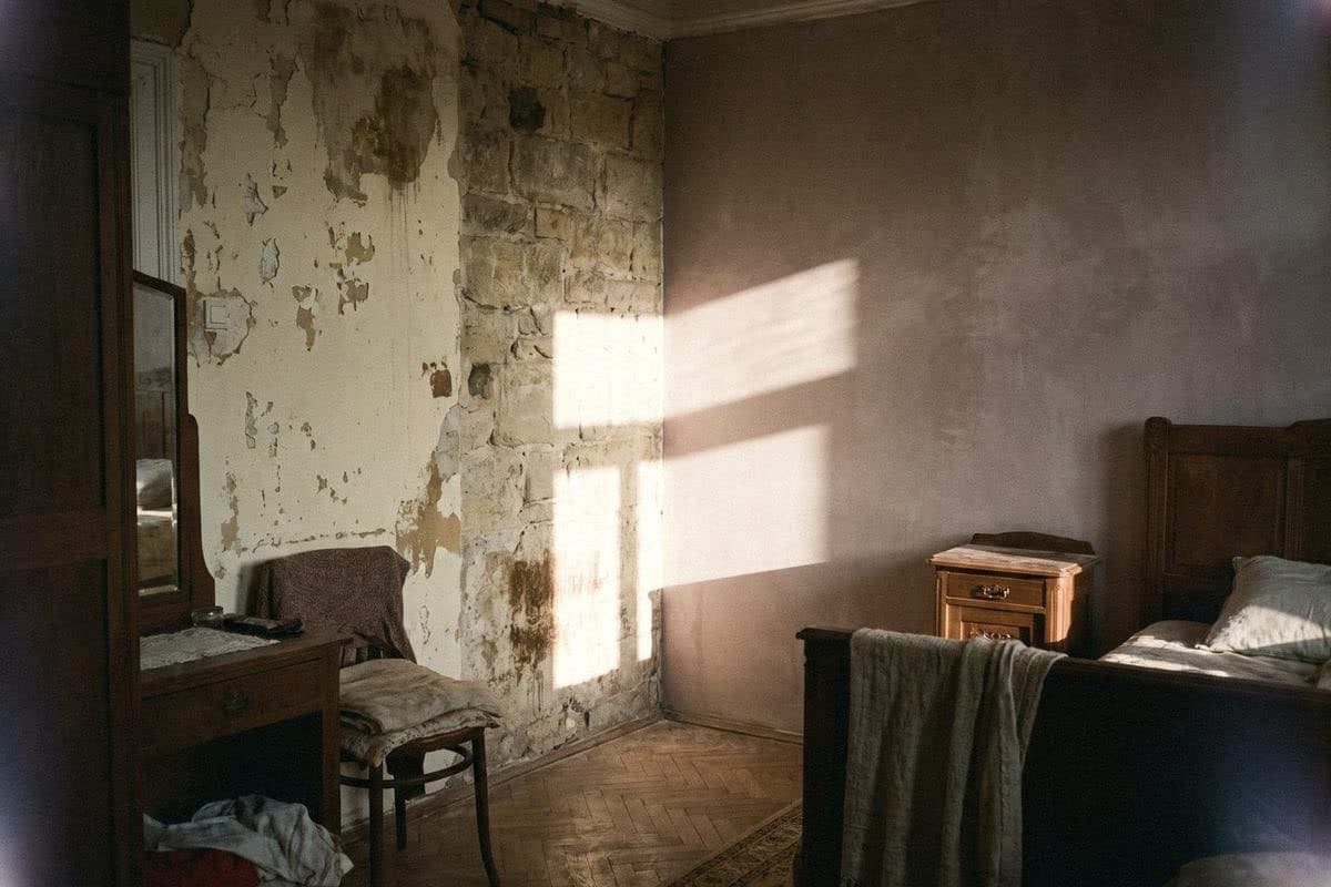 A bedroom where one wall's old paint has flaked back to brick while the next is smoothly painted dusty pink