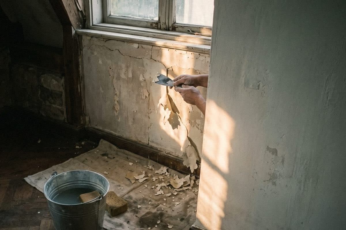 A hand scraping flaking old paint below a window, flakes on a dust sheet beside a bucket and sponge