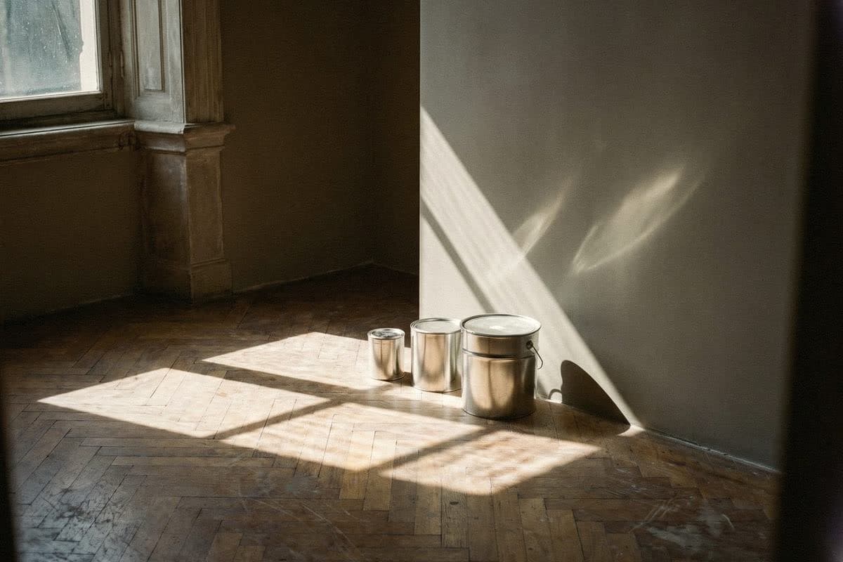 Three primer tins, small to large, lined up against a grey wall on a sunlit herringbone floor