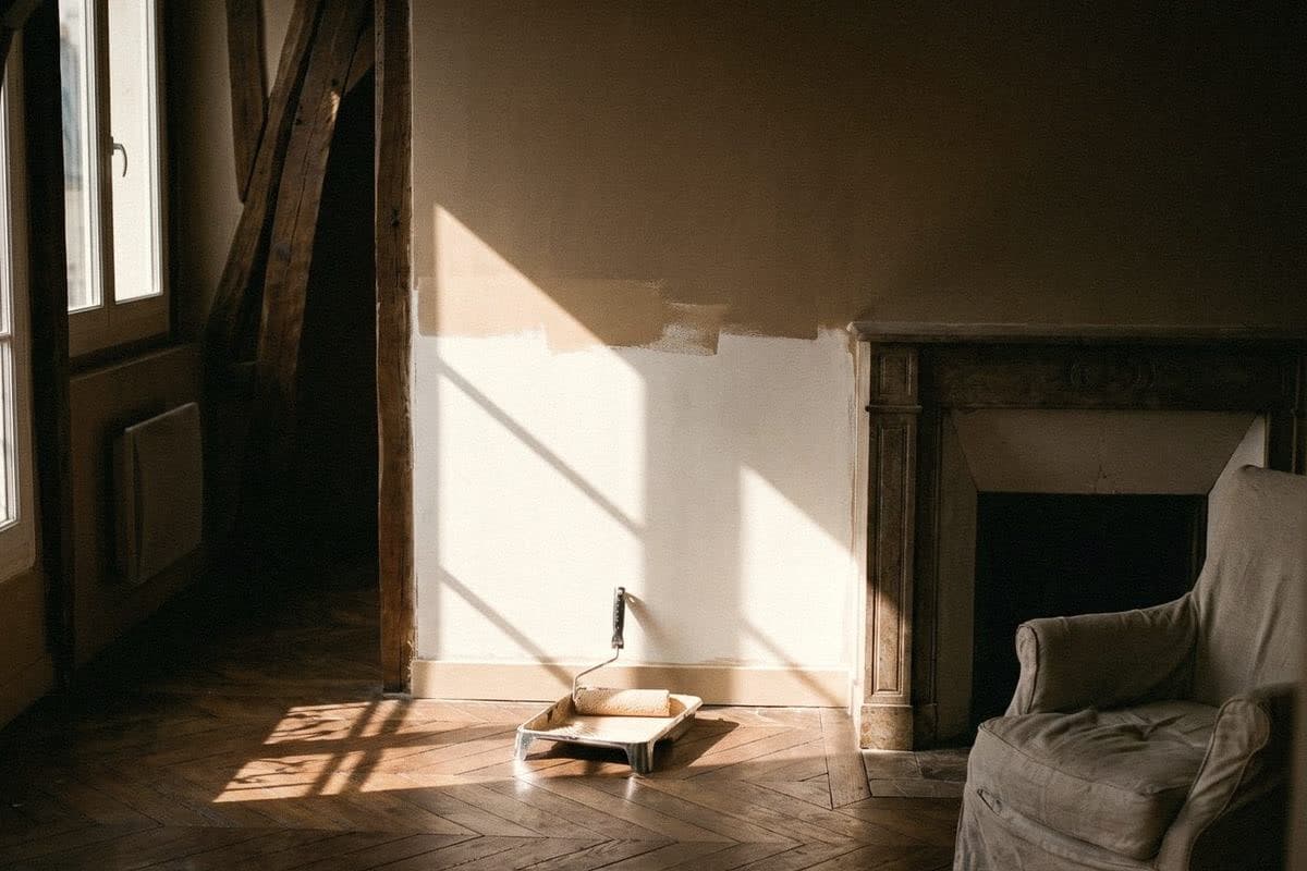 A wall with white primer below and a beige topcoat above, beside a fireplace, a roller tray on the floor