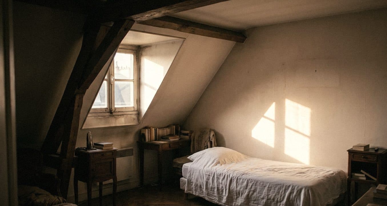 A small attic bedroom with warm cream walls, a single bed in white linen, a little desk under the dormer and evening sun.