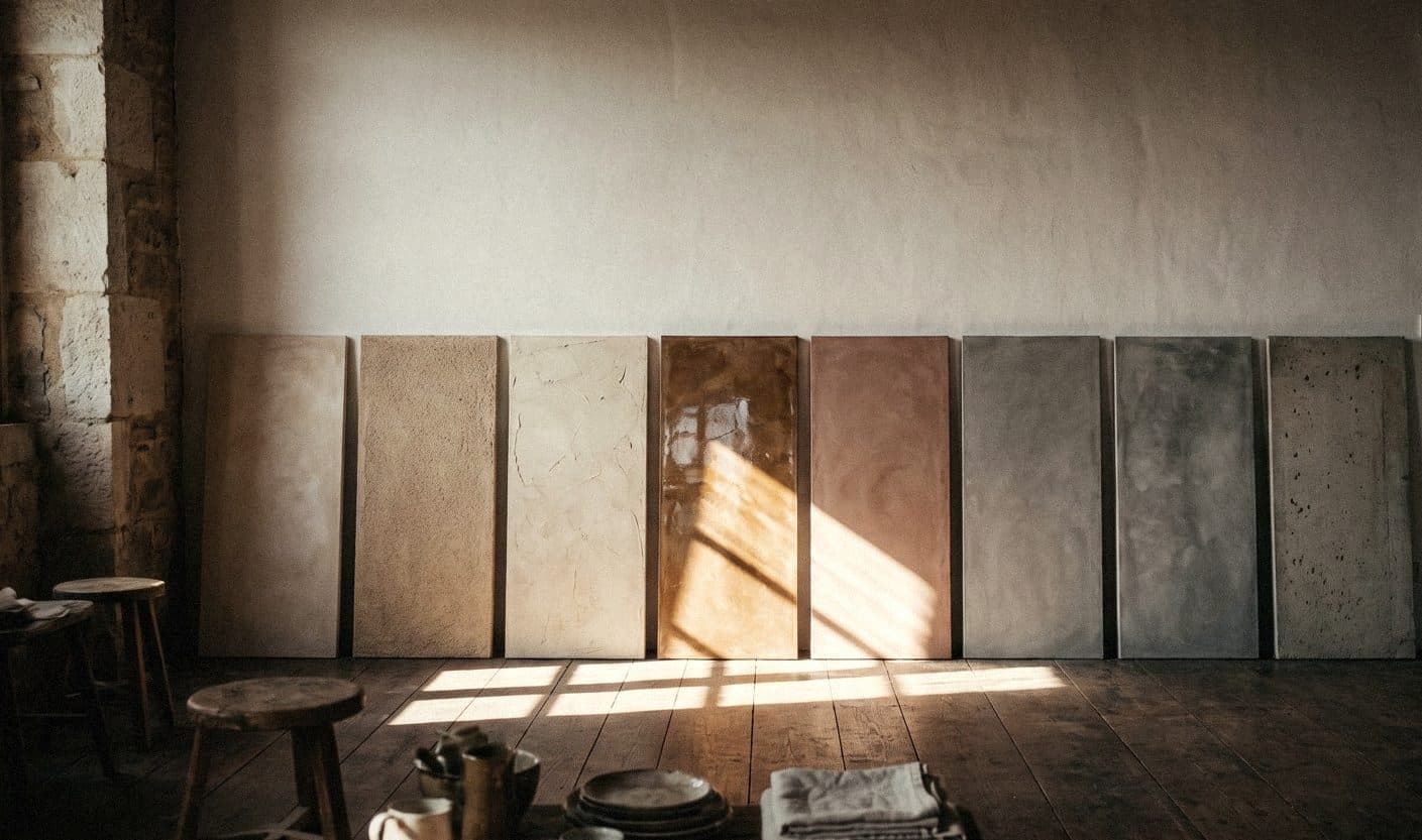 Eight textured wall sample boards lean against an off-white plaster wall, from matt cream to glossy brown and grey cement.