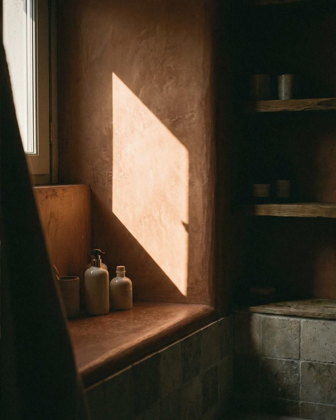 A bathroom corner in smooth terracotta plaster, a square of sunlight on the wall and soap bottles on the ledge.