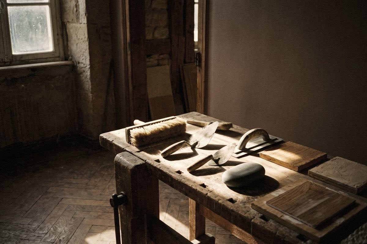 A workbench laid with a brush, trowels and a polishing stone in an old room with warm grey walls and window light.