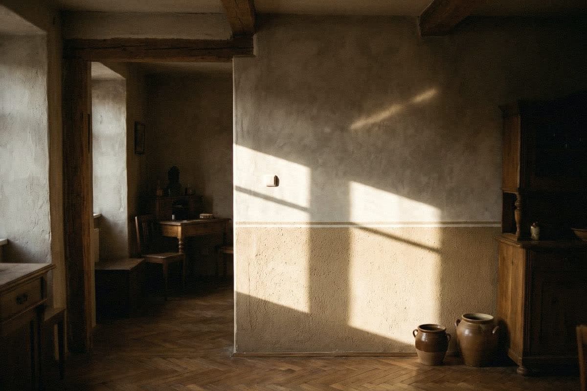 A two-tone wall, cloudy pale grey above and sandy cream texture below, with sunlight and clay jars on a parquet floor.