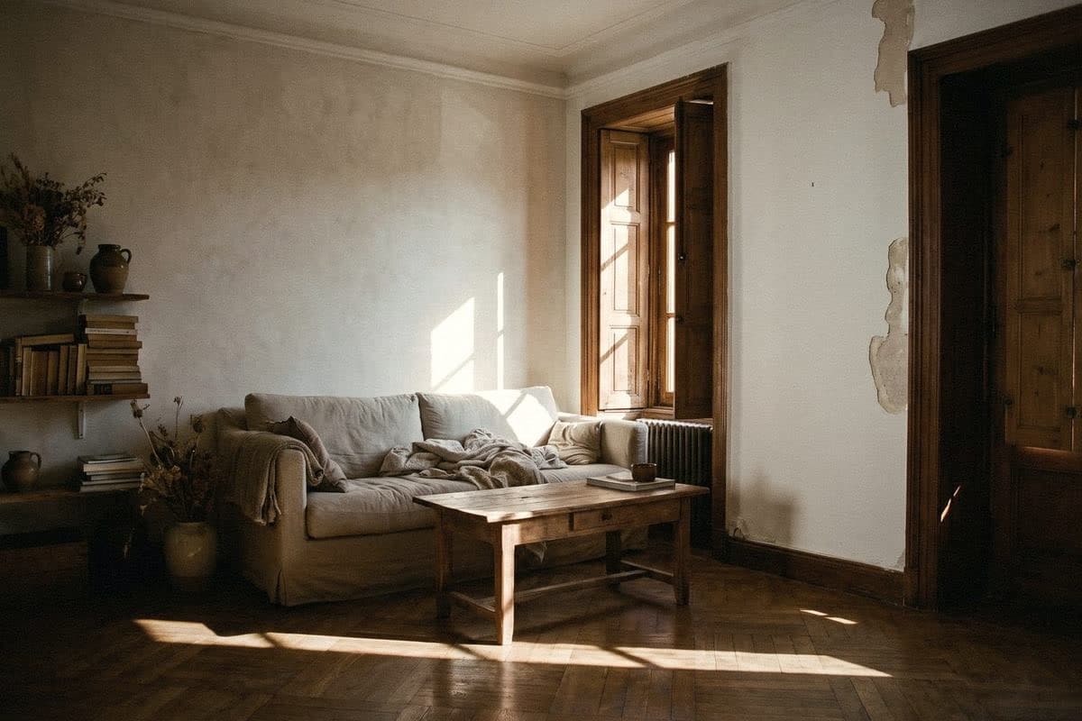 A living room with off-white walls and patches of worn plaster, a beige sofa, wooden table and late sun through shutters.