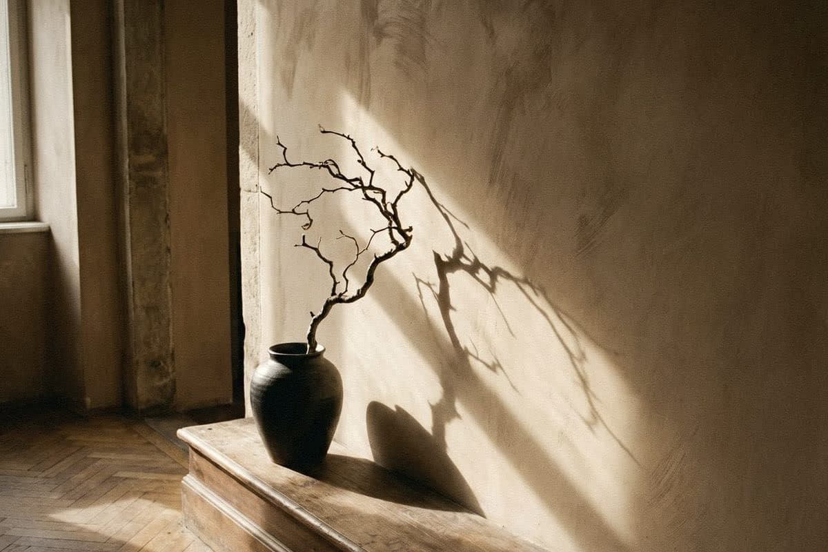 Rough beige hand-finished wall with visible sweeps, a dry branch in a dark clay vase casting long shadows in low sun