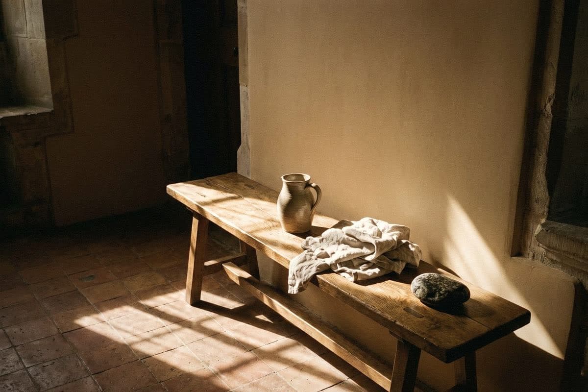 Old wooden bench against a cream wall holding a stoneware jug, crumpled linen and a river stone, over terracotta tiles