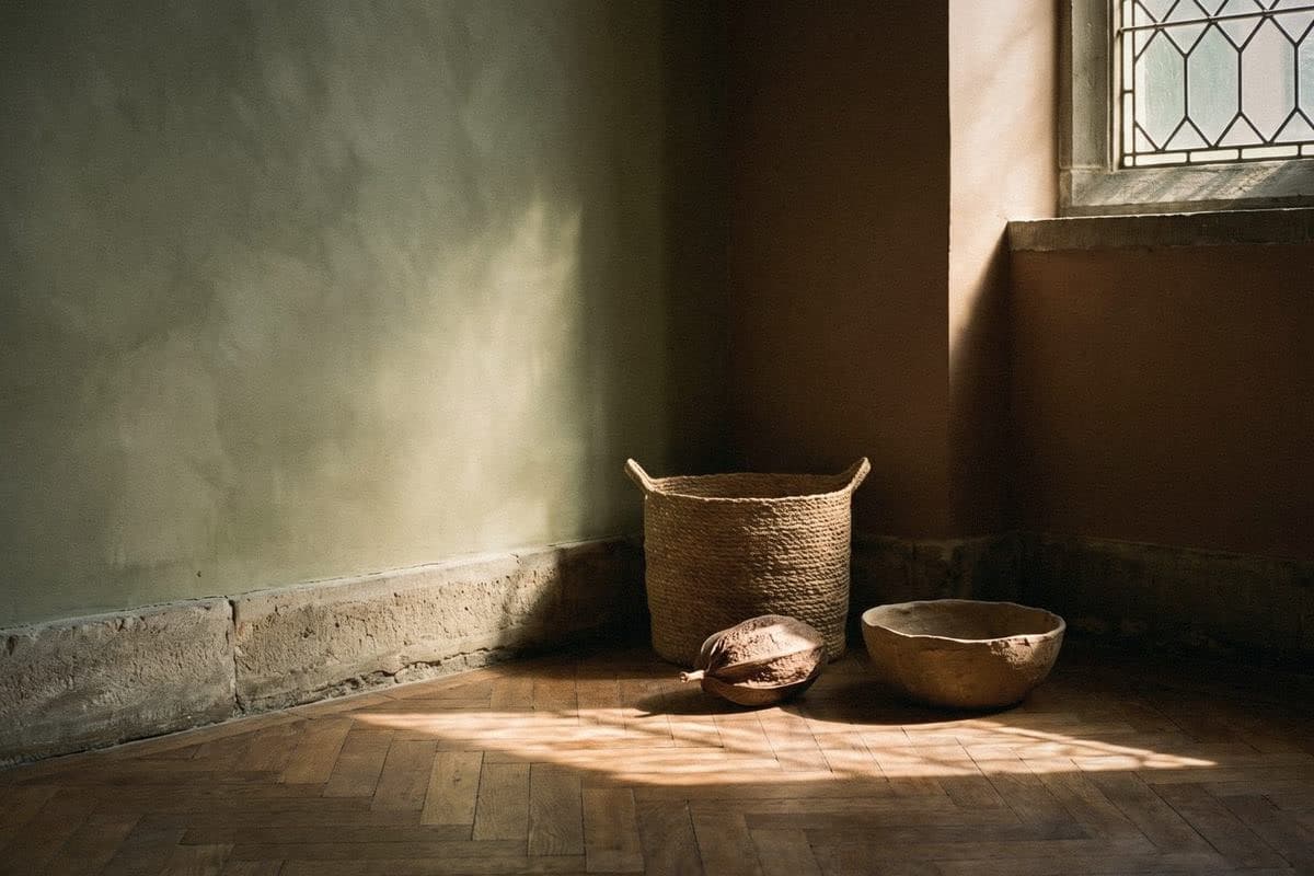 Corner where a soft olive mottled wall meets a warm clay-toned one, with a woven basket, wooden bowl and dried pod