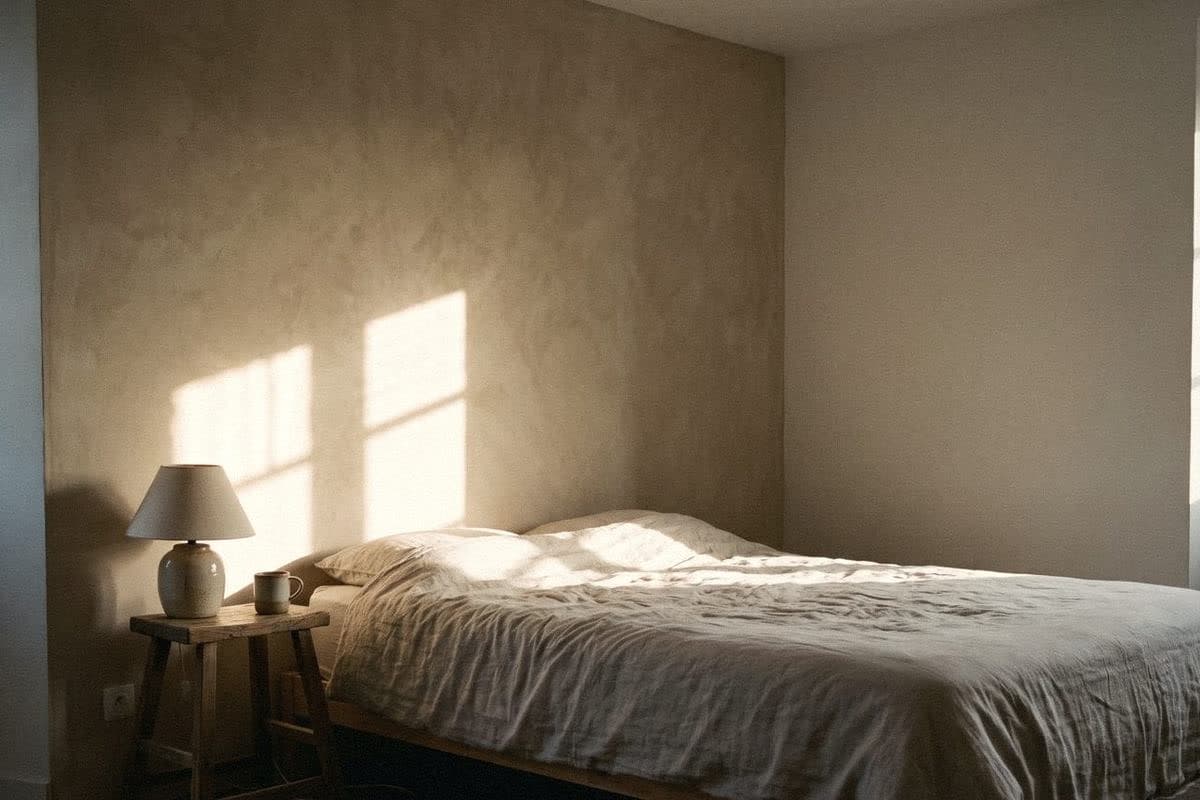 Bedroom with a single beige textured wall behind the bed, plain white side walls, linen bedding and a ceramic lamp