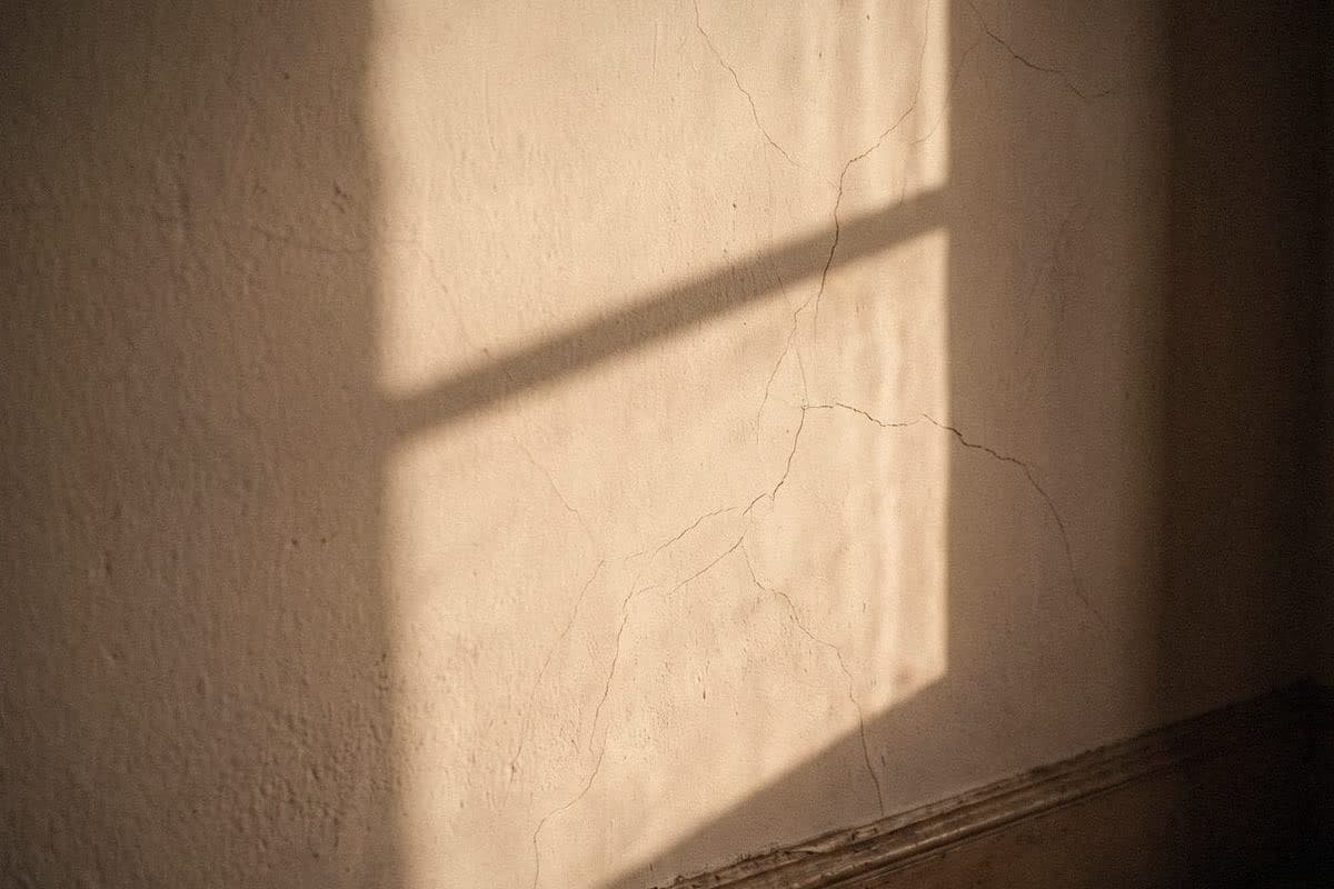 Close-up of fine, branching hairline cracks across a warm plaster wall in a patch of sunlight