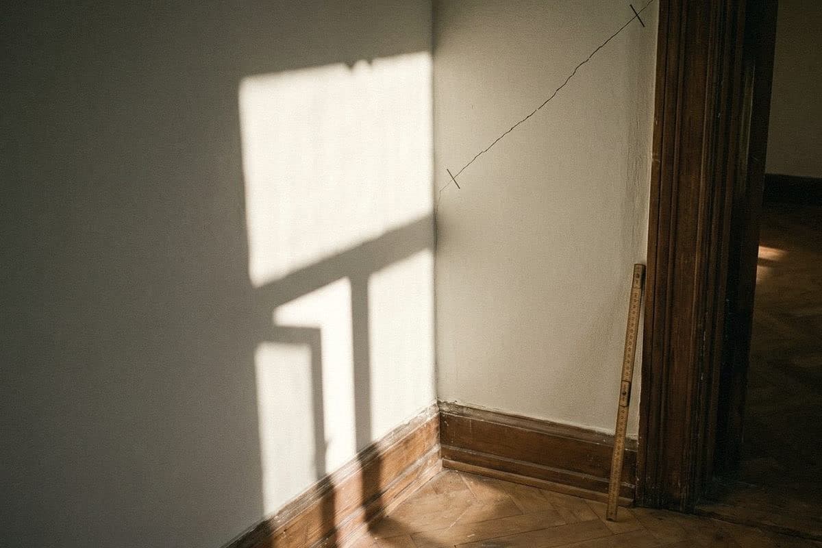 A diagonal crack running from a door frame across a pale wall, pencil marks at each end and a folding ruler