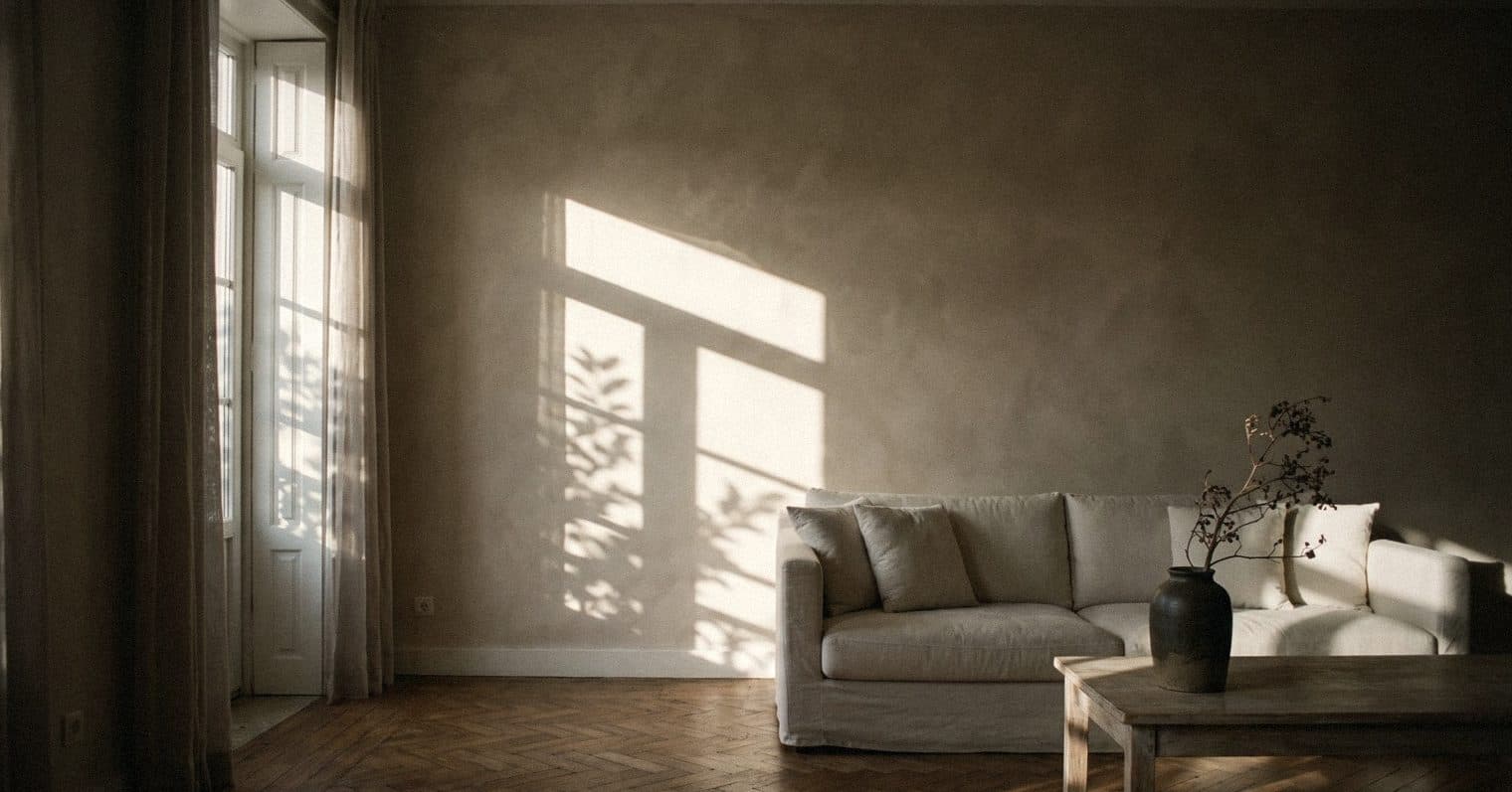 A living room with a matt greige plaster-textured wall in window light, an off-white sofa and a vase of dried branches.