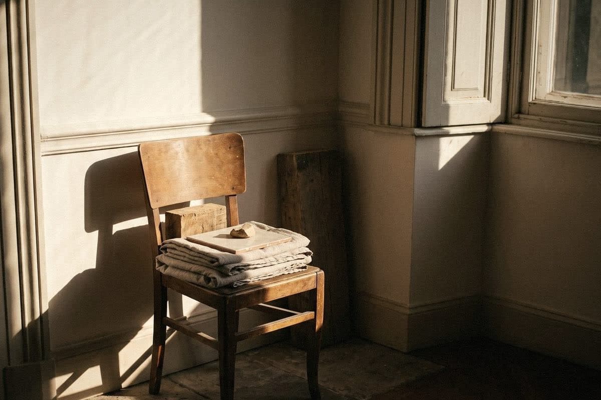 An old wooden chair holding folded linen, a tile sample and a wood block in a corner with soft white panelled walls.