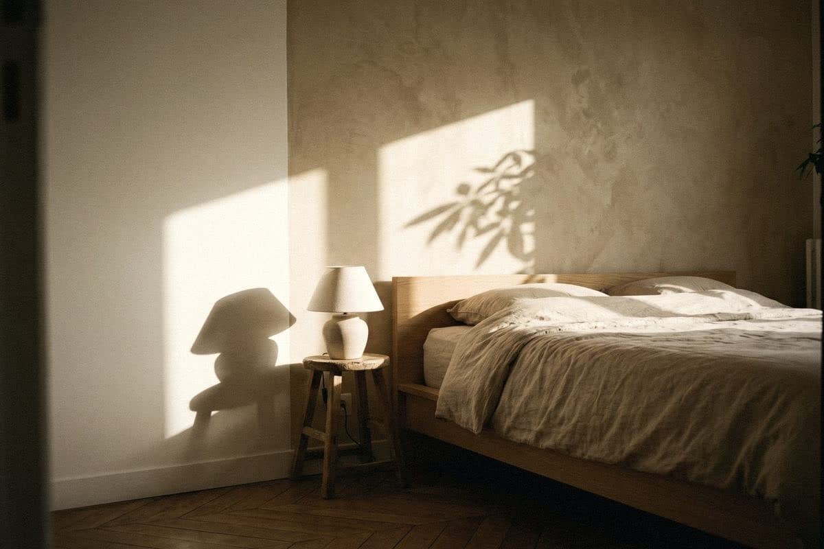 A bedroom with a matt beige plaster-textured wall behind the bed, a plain white side wall and a ceramic lamp on a stool.