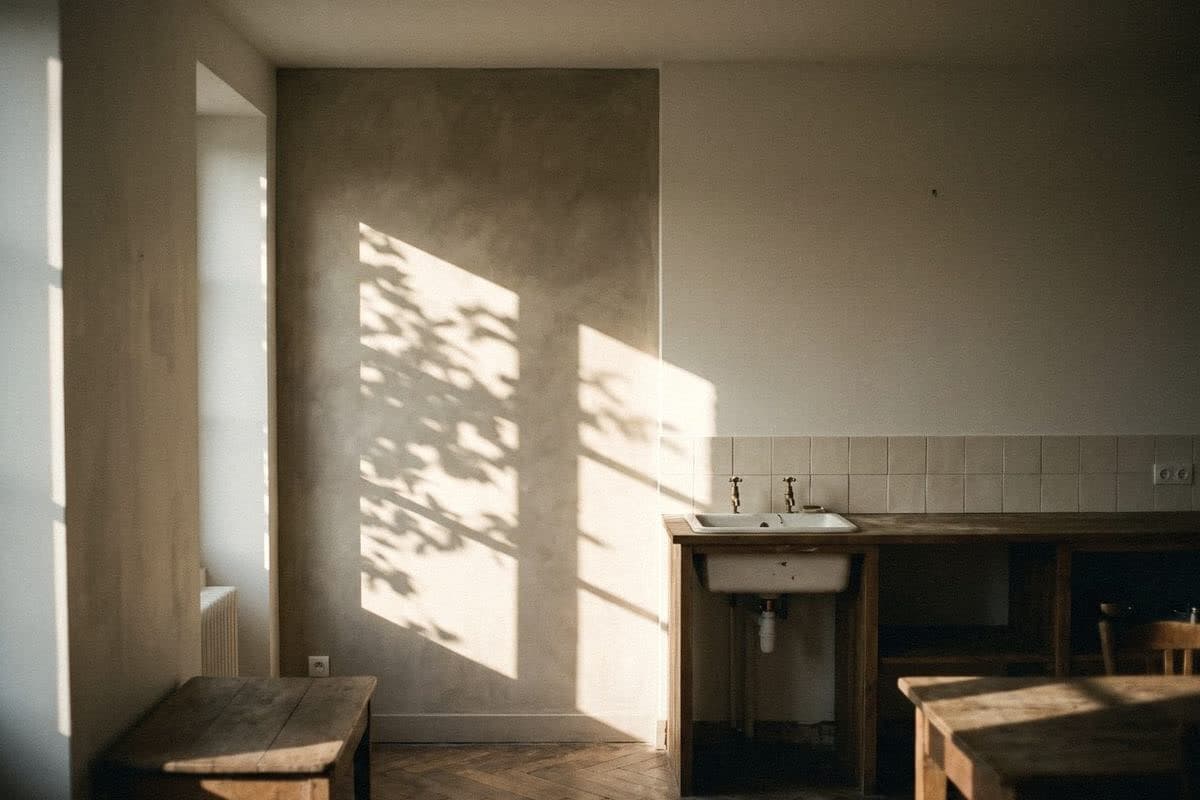 A kitchen mixing materials: a greige plaster-textured feature wall, white painted walls and tiles only behind the sink.