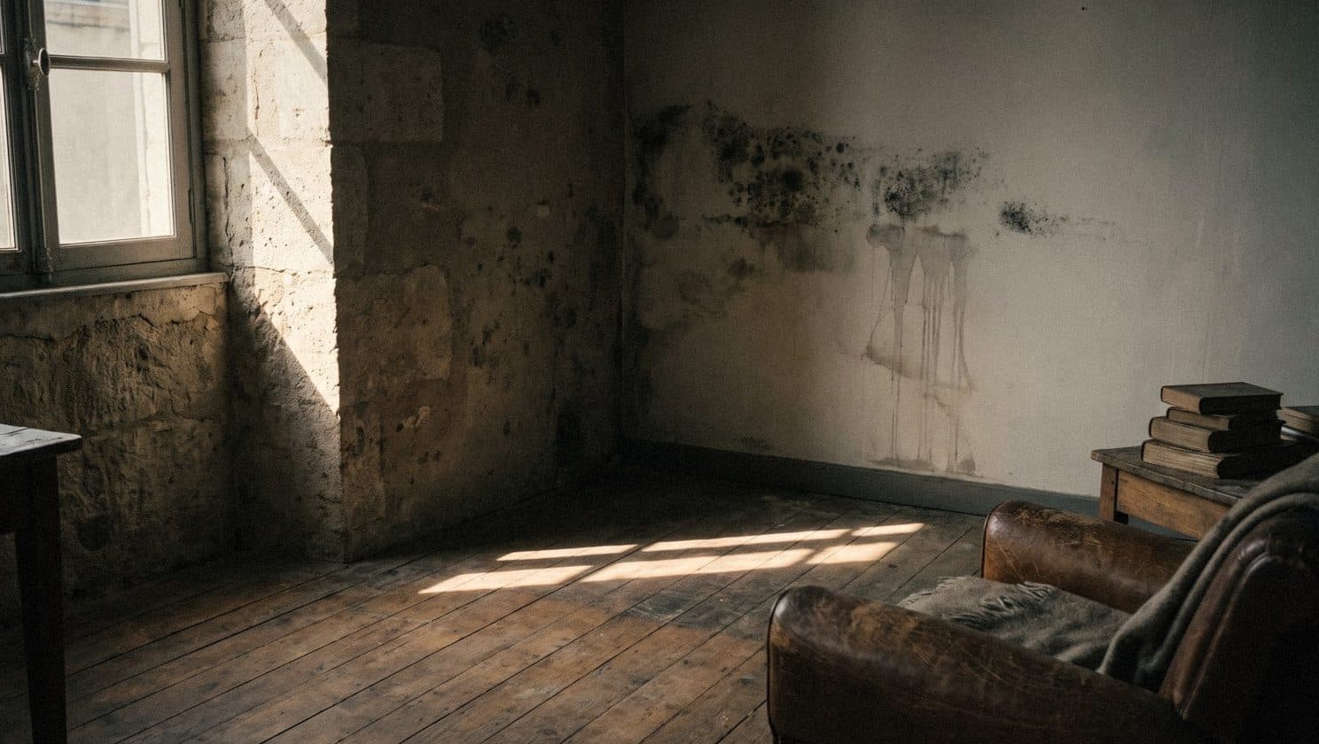 Black mould blooming across a white wall with water streaks running down it, in an old room with a leather armchair