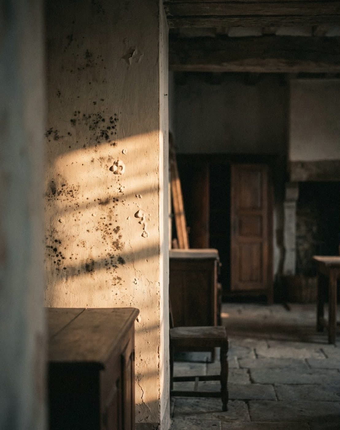 Black mould spots and paint blisters on a cream plaster wall in slanting sun, beside an old wooden cabinet