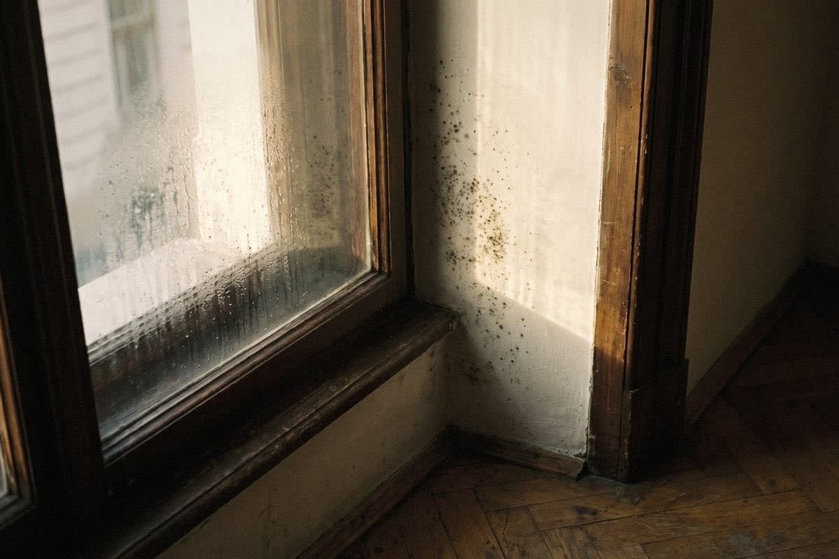 Condensation on a window pane and black mould speckling the white wall beside the wooden frame