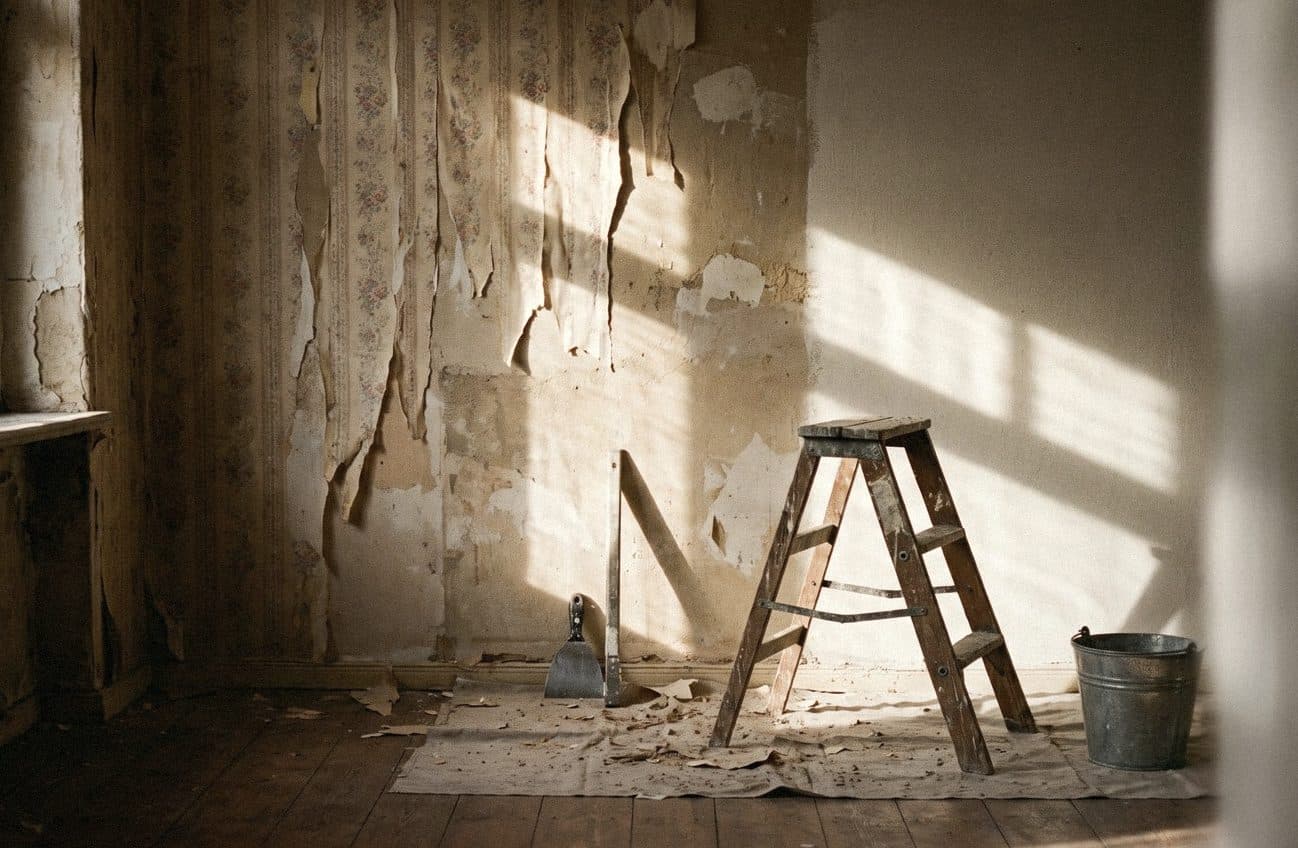 Old floral wallpaper peeling off a plaster wall, with a scraper, a wooden stepladder and a metal bucket on a dust sheet