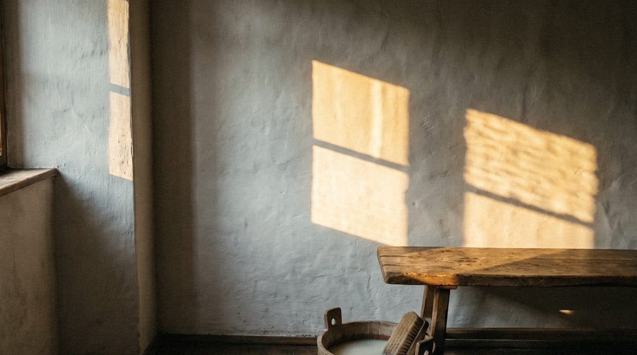 A matt grey-white lime-plastered wall with soft undulations in evening sun, an old wooden bench and a bucket with brush