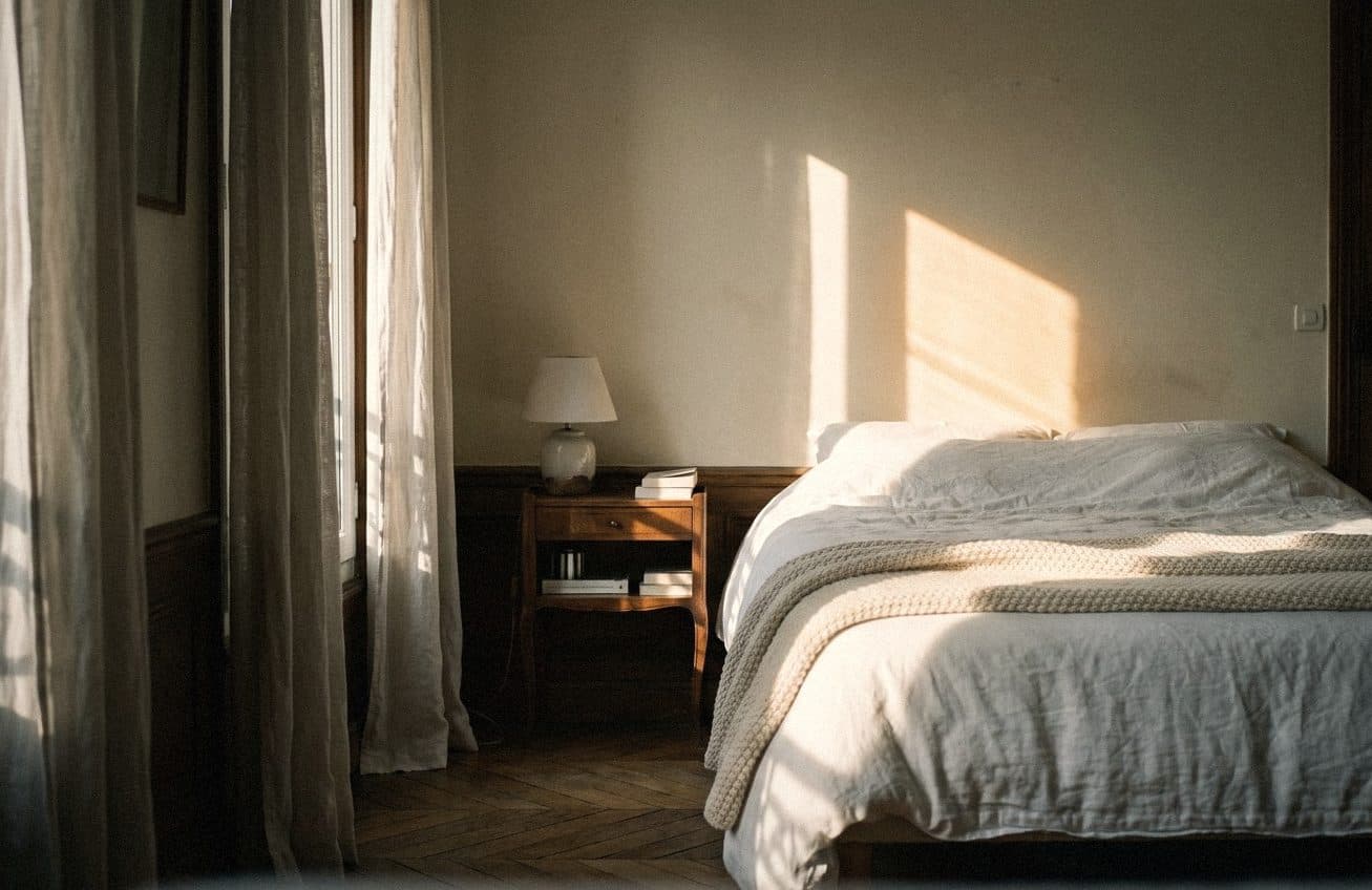 A bedroom with a warm cream wall in morning sun, white linen bedding, a cream knit throw and a wooden nightstand.
