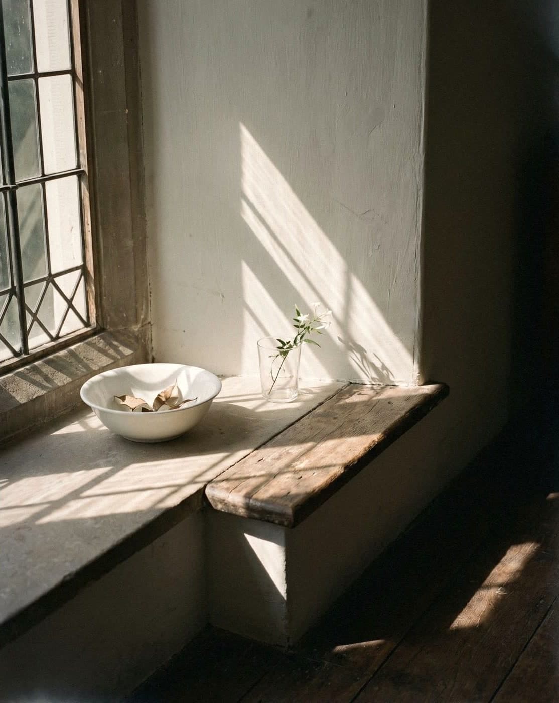 Window seat below a hand-plastered white wall, with a white bowl and a flower sprig in a glass