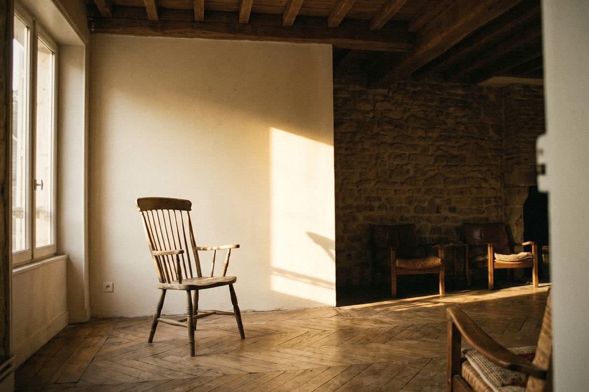 White wall turned warm by golden afternoon sun, with a wooden Windsor chair beside a stone wall