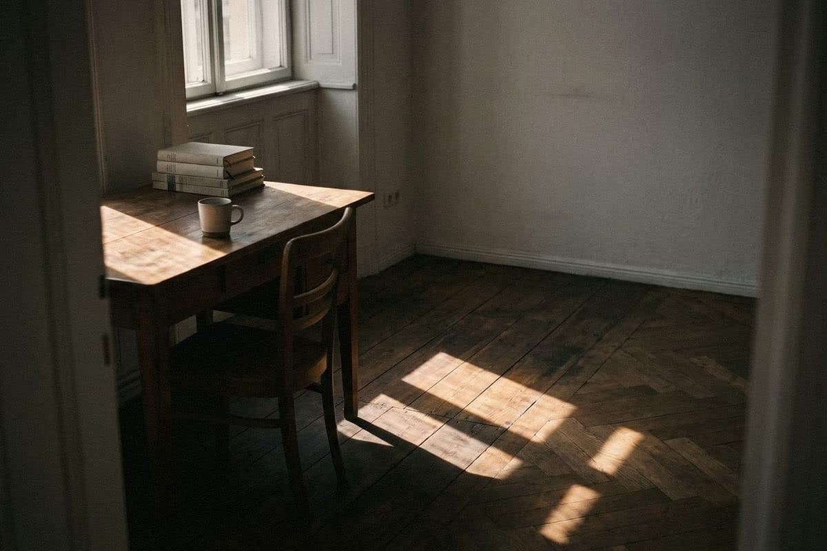 Softly lit room where the white wall reads cool and grey, with a wooden desk, chair, mug and books